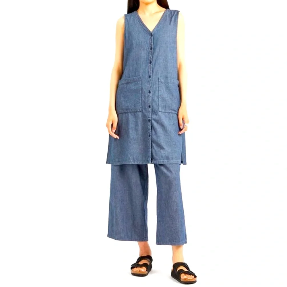 Eileen Fisher Twill Denim V Neck Long Tunic Top and Pants Set - Picture 1 of 14